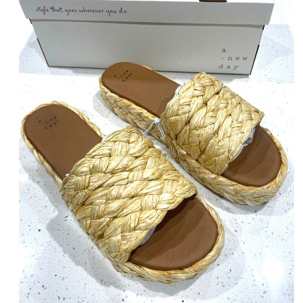 Raffia Woven Slides Beige Sz 9.5 NWT A New Day Reg